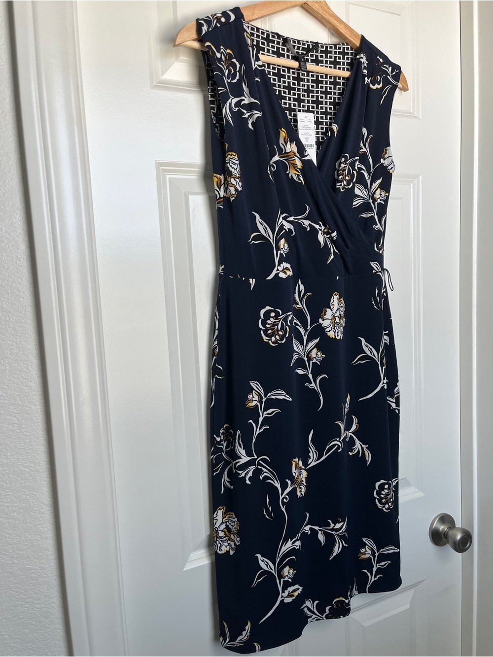 White House Black Market Navy Floral Midi Wrap Dress